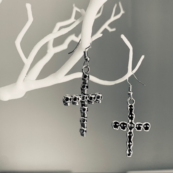Gotham Jewelry - Cross Skulls Gothic Antique Silver Dangle Earrings